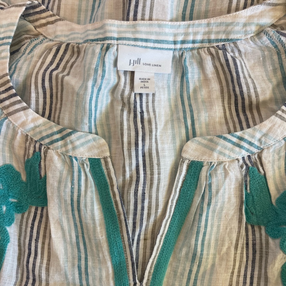 J Jill Love Linen Top L Petit Blue Stripe Embroidery Peasant Blouse Coastal Boho - Picture 3 of 14